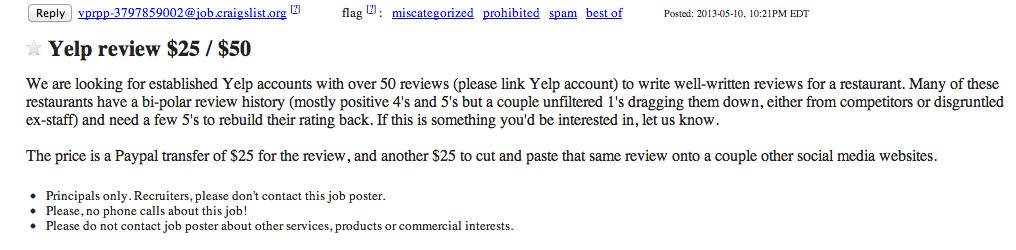 An advertisement on Craigslist seeking Yelp members to commit review fraud – a technique dubbed ‘astroturfing’ – faking grass-roots feedback.