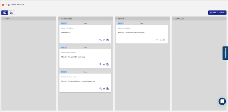 The Traversals Intelligence Platform is organized into projects, displayed in a Kanban board of tasks. Each task relates to a specific question to be answered by the system.